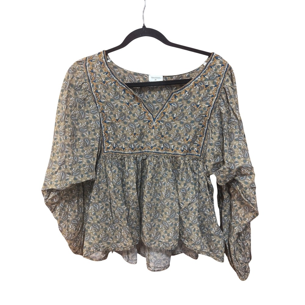 World Market Womens Paisley Embroidered Cotton Boho Blouse Olive Green S/M
